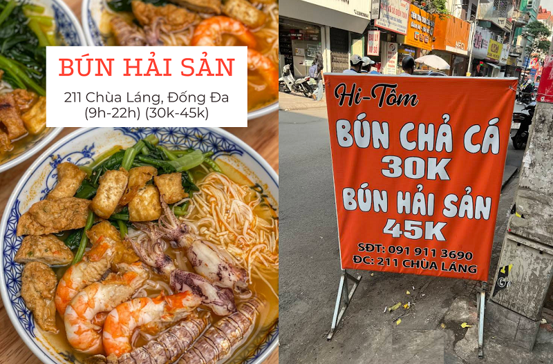 Quán bún hải sản ngon, nổi tiếng ở Hà Nội. Ăn bún hải sản ở đâu Hà Nội? Hi Tôm 211 Chùa Láng