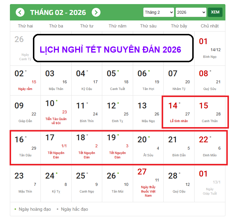 Lịch n ghỉ tết nguyên đán - Âm lịch 2026 mấy ngày